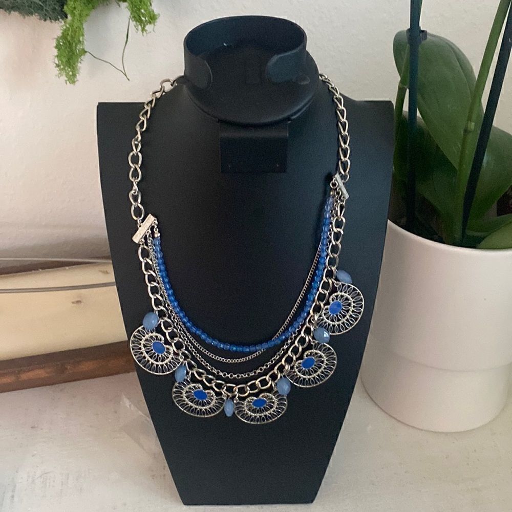 Charming Charlie Blue Mediu 4 layered necklace blue beads and silver tone chain